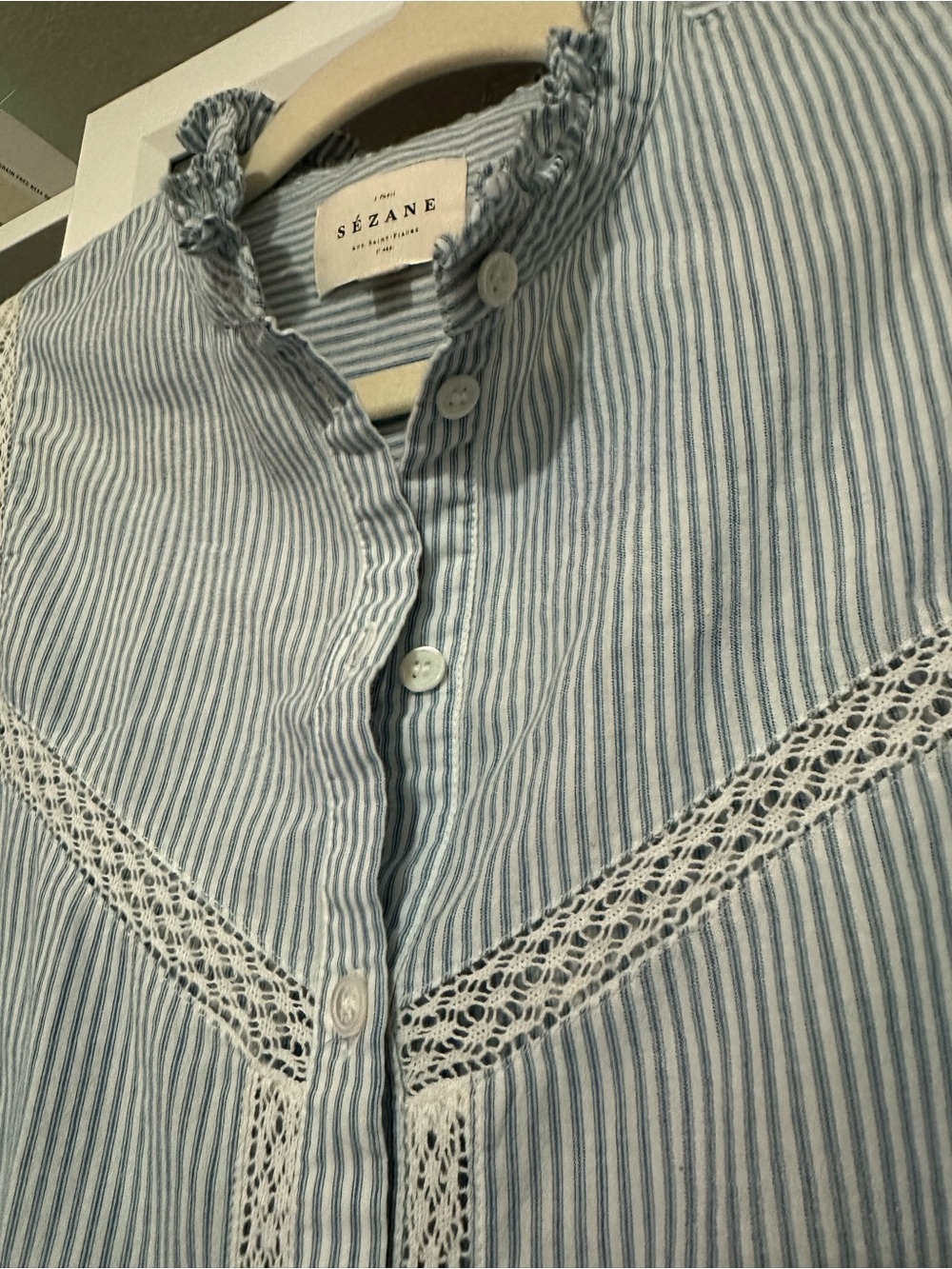 Cute $250 Sezane Blue White Stripe Lace Trim Ruffle Collar Shoulders Button Down - Picture 4 of 10